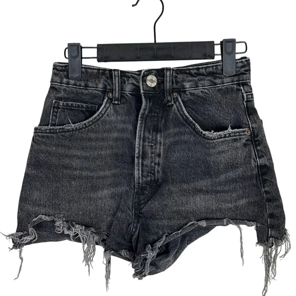 ZARA Cutoff Distressed Jean Shorts Raw Ripped Hem High Rise Pockets 0 Wash Black